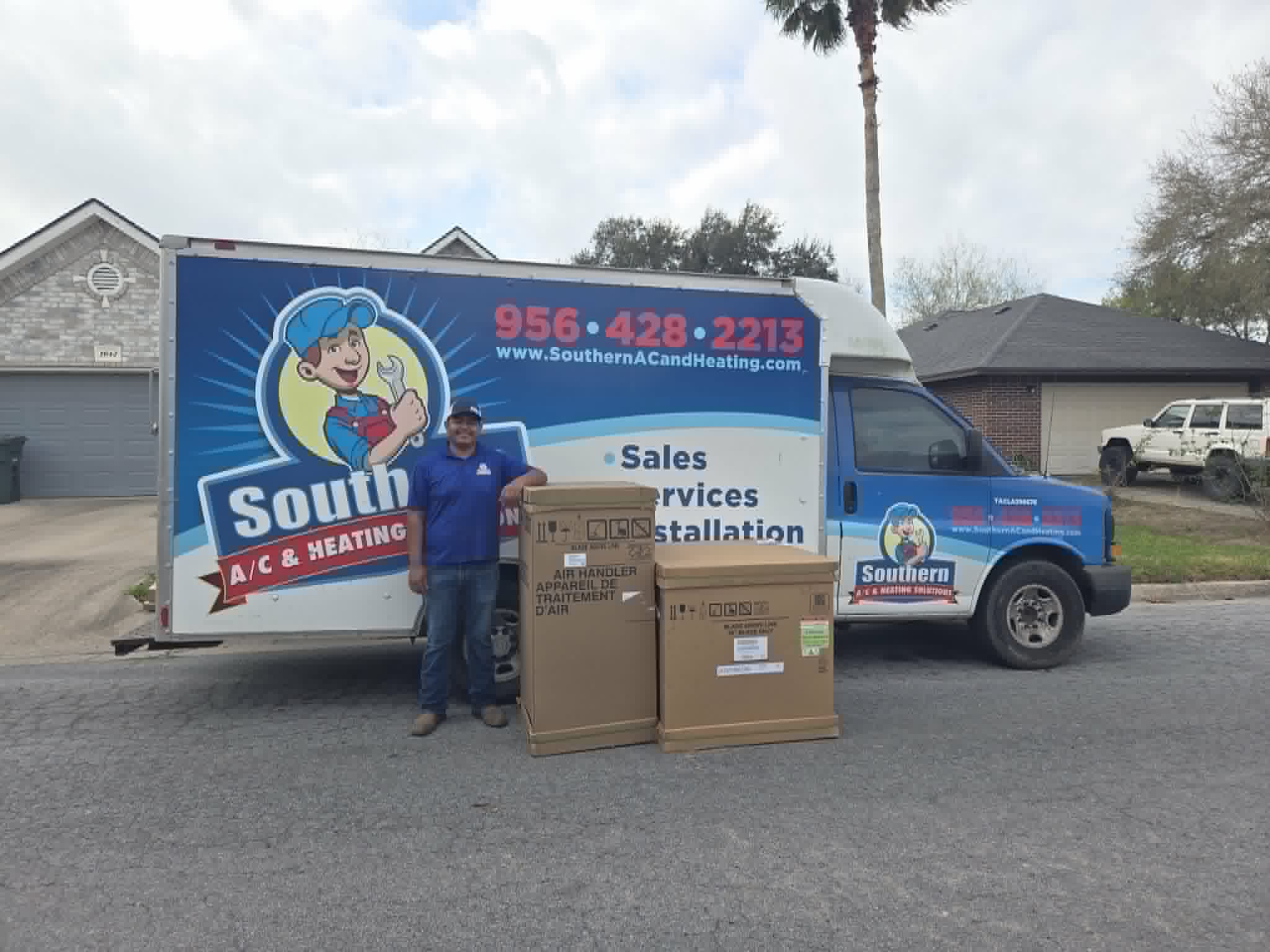 Jesse with the branded Southern A/C & Heating Solutions truck and new equipment, ready to install in Harlingen, TX